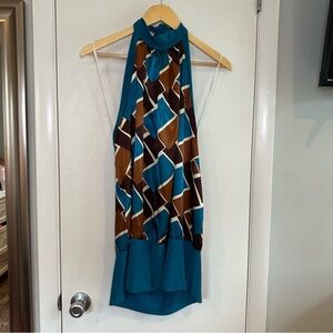 Marianne Y2K Geometric Halter Top. Size: 1X. Blue and Brown.
